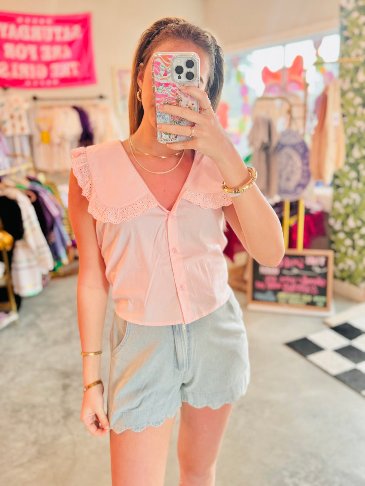 Scalloped Edge High Waisted Denim Shorts
